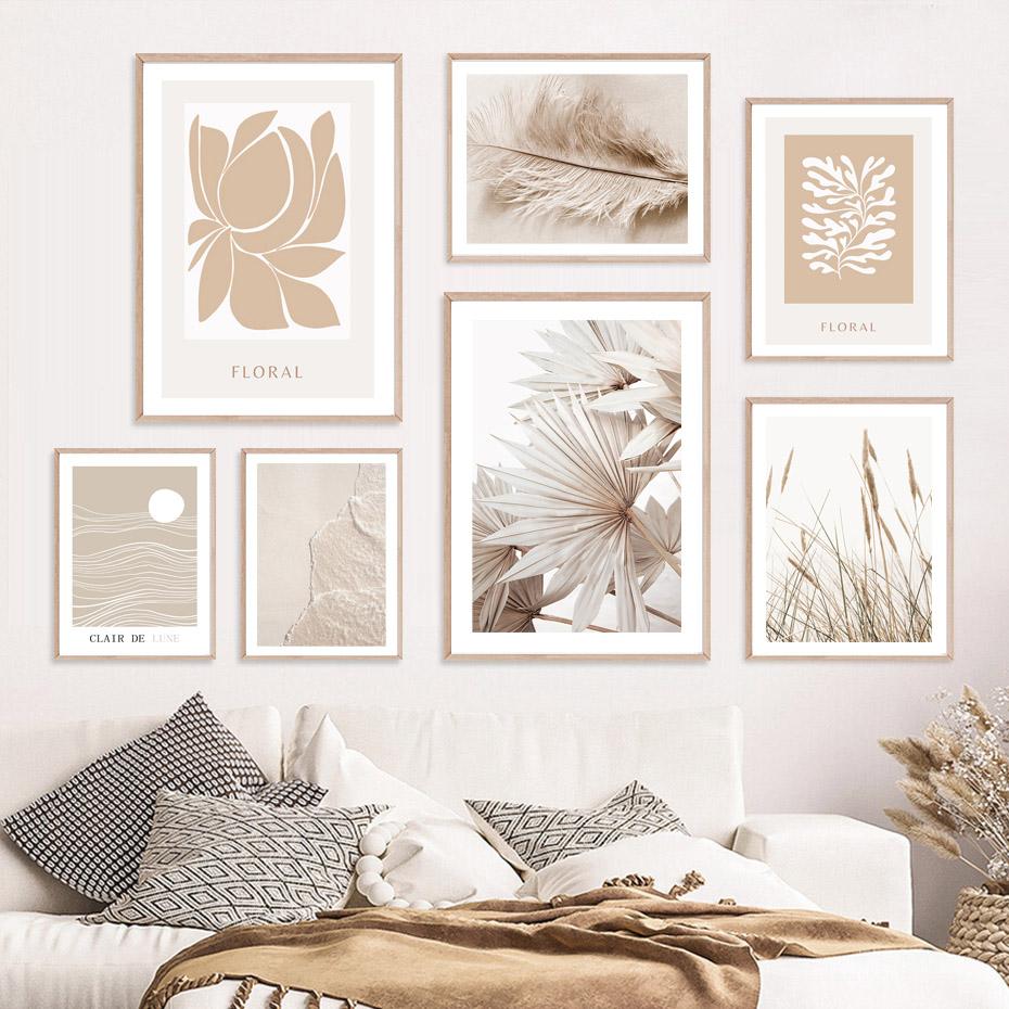 Beige Palm Wave Soft Feather Reeds Lines Nordic Posters Prints Canvas Painting Wall Art Pictures For Living Room Home Decor