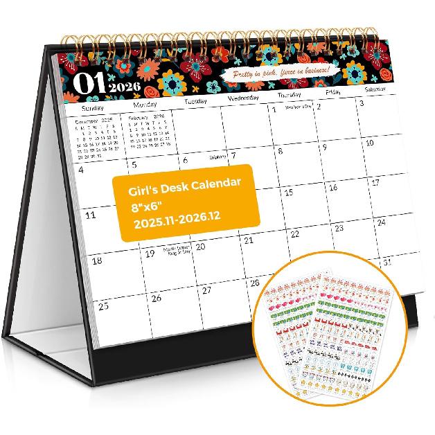 Desk Calendar 2025-2026, Small Desk Calendar, Desktop Calendar with Planner Stickers, 14 Monthly November 2025 to December 2026, 8  x 6  Standing чёрный