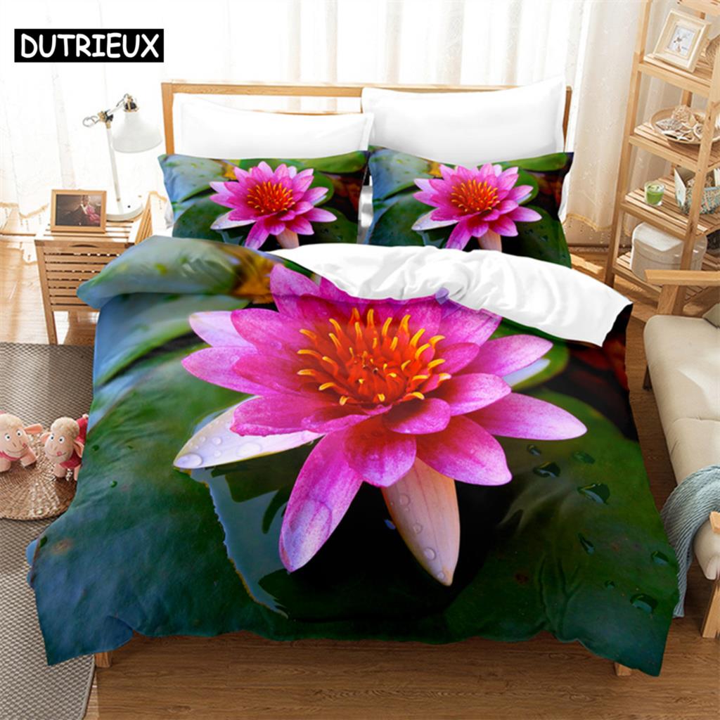 Pink Lotus Queen Bedding Set Green Duvet Cover Set Kids Bedding Digital Printing Bed Linen King Size Duvet Cover Set Bedding Set