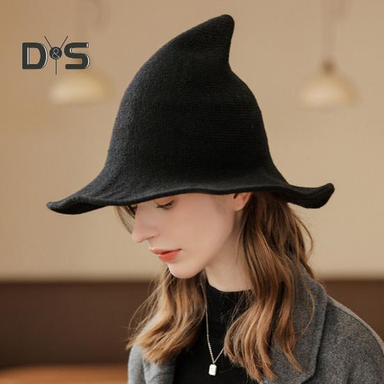 Witch Cosplay Hat Halloween Costume Knitted Foldable Pointed Solid Color Photo Prop Masquerade Festival Decoration Cap Headpiece