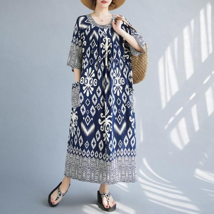 Nuevo Vestido de Verano Vintage de Algodón Tallas Grandes para Mujer Holgado Oversize Largo Vestidos Básicos Cuello Redondo