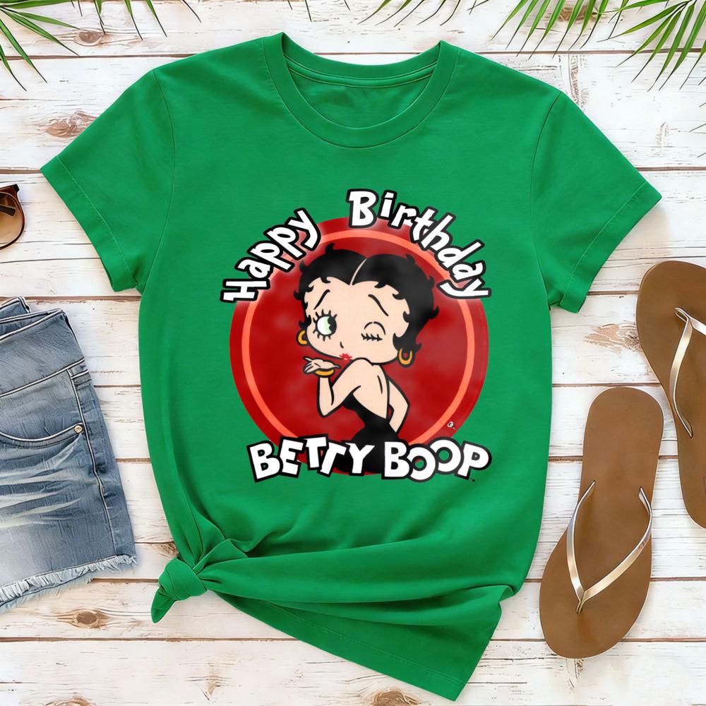 Winking Betty Boop in Red Circle Happy Birthday TShirt Retro Style Women Casual Cotton Short Sleeve Betty Boop Fan Gift Shirt