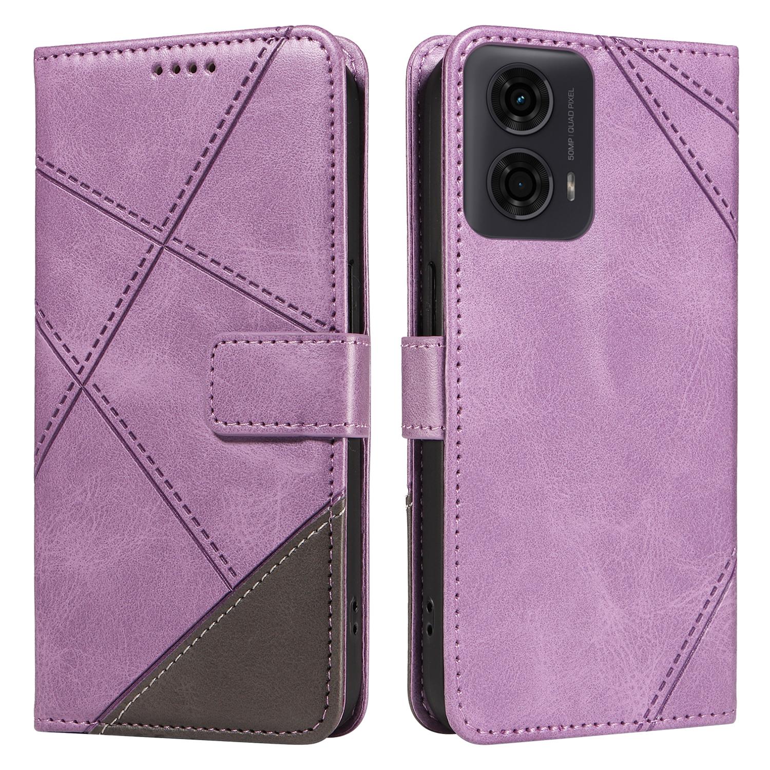 

For Motorola Moto E14 4G/G04 4G/G04s 4G/G24 4G Case Card Holder Leather Phone Cover Geometric Line Purple