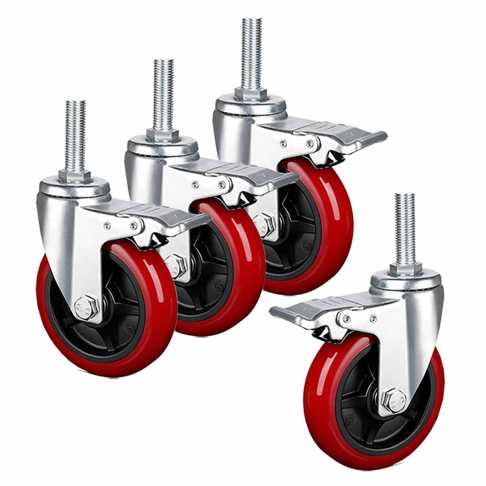 M16 Threaded Stem Swivel Caster, 3/4/5 Inch Heavy Duty Industrial Caster Wheels, Dual Locking Brake, Wear Resistant PU, Set of 4