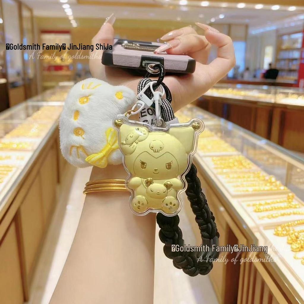 Hästens år 999 Rent Guld Välståndsnyckelring – Gyllene Ponny med Rosa Blomsterberlock för Mobil- eller Väskdekoration