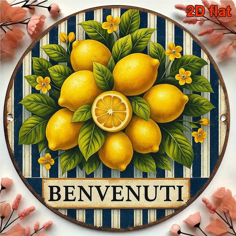 2D Flat, 1pc, 8x8 Inch Round Italian Aluminum Sign, Vintage Decorative Plaque with "Lemon" Theme, Kitchen Wall Art, Suitable for