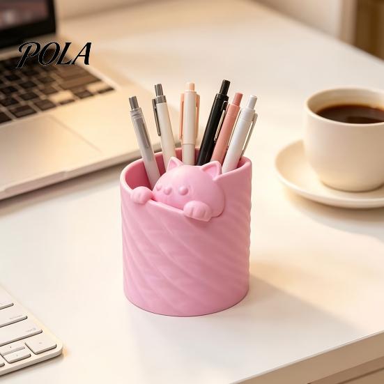 Pen Holder 3D Printed Holder, Cat Shape Large Capacity Hollow Barrel Desk Organizer for Pencils Gel Pens Makeup Brushes, Cute Girlish Decor