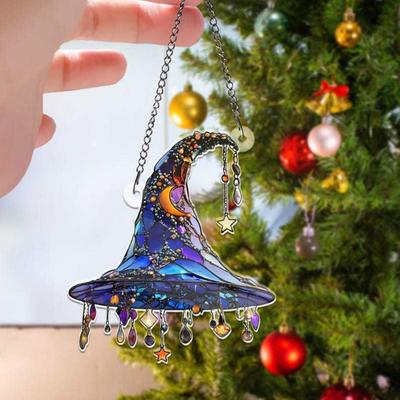 Witch Hat Sun Catcher 2D Acrylic Halloween Decoration Stained Glass Style Witch Hat Hanging Ornament for Window Wall Door
