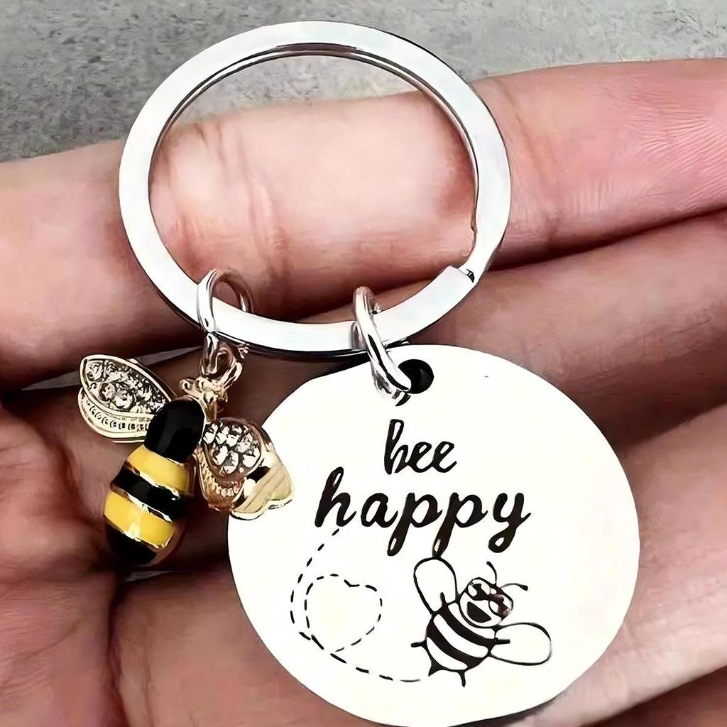 Nerezová ocel "Bee Happy" Gravírovaná klíčenka Dárkový doplněk