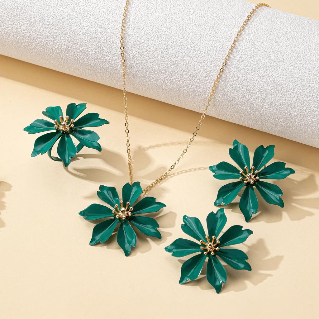 A Set of Women's Jewelry: Dopamine-Colored Three-Dimensional Flower Earrings, Necklace, and Ring Set, Suitable for Daily Wear and Vacation