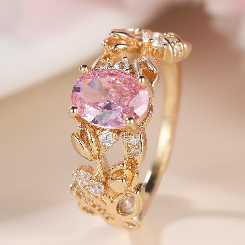 Cute Female White Pink Zircon Stone Ring Vintage Gold Color Wedding Jewelry For Women