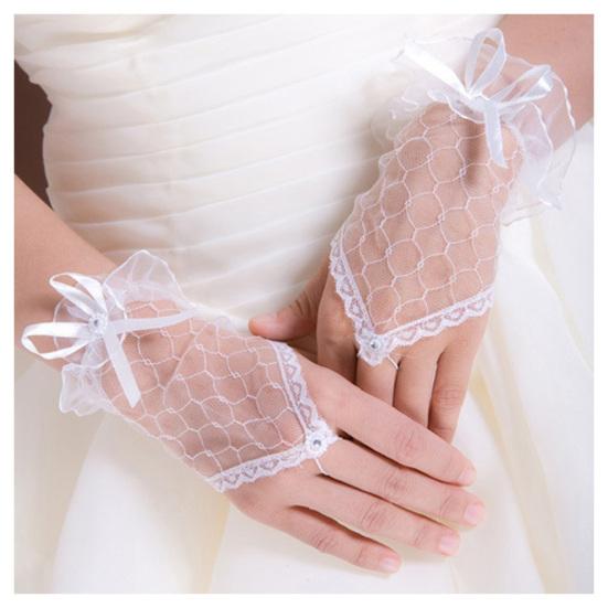 1 paio di guanti da sposa in pizzo senza dita trasparenti con fiocco, sottili guanti da sposa per feste, guanti corti morbidi vintage femminili