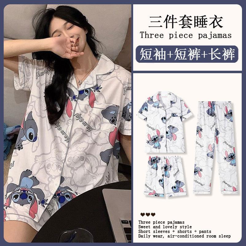 Autumn pajamas women s pure cotton summer short-sleeved three-piece set cartoon Stitch cute women s loungewear set thin M