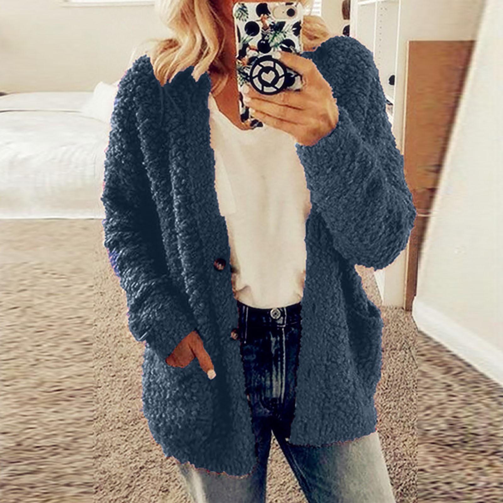Women s Casual Fuzzy Fleece Open Front Cardigan with Pockets, Soft and Warm Long Sleeve Sweater Coat S