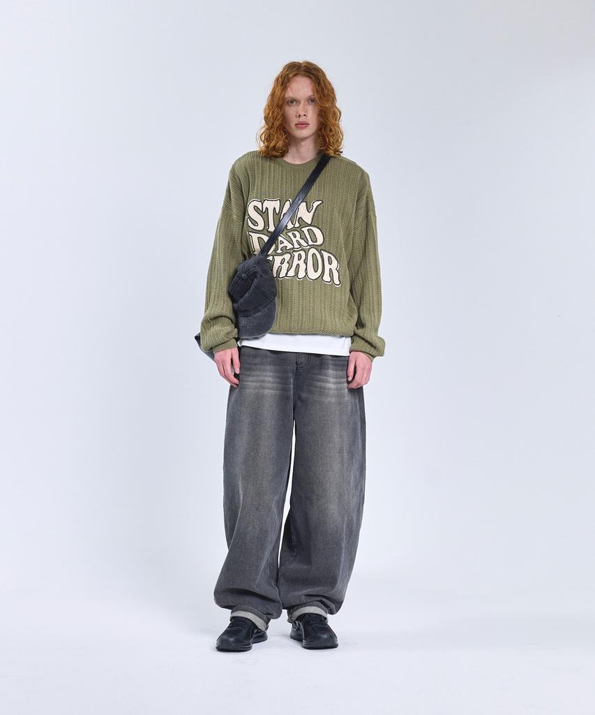 STANDARDERROR 87-Stan190 Country Oversized Color Block Lettering Knit Khaki
