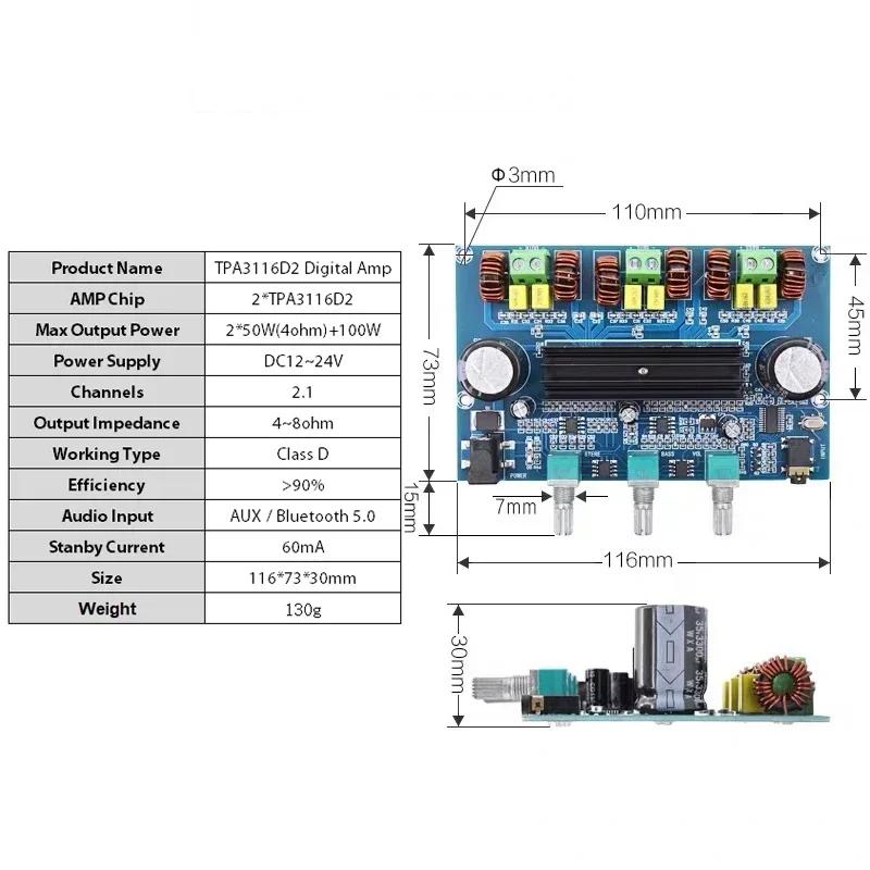 2*50W+100W Bluetooth 5.0 Dual TPA3116D2 Power Subwoofer Amplifier Board 2.1 Channel TPA3116 Audio Stereo Equalizer AUX Amp