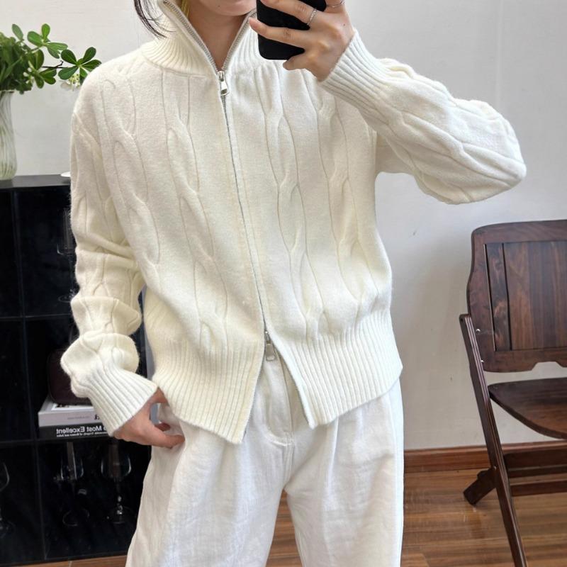 Autumn Winter Stand Collar Fried Dough Twist Zipper Knitting Coat Women Casual Fashion Cardigan Sweater Top