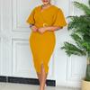 D Women's New Fashion V-Neck Bubble Sleeves Solid Color Waist Split Hip Wrap African Dress