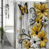 Yellow and White Flower Butterfly Wooden Panel Shower Curtain, Bathroom Decorative Shower Curtain, Waterproof Shower Curtain Wit