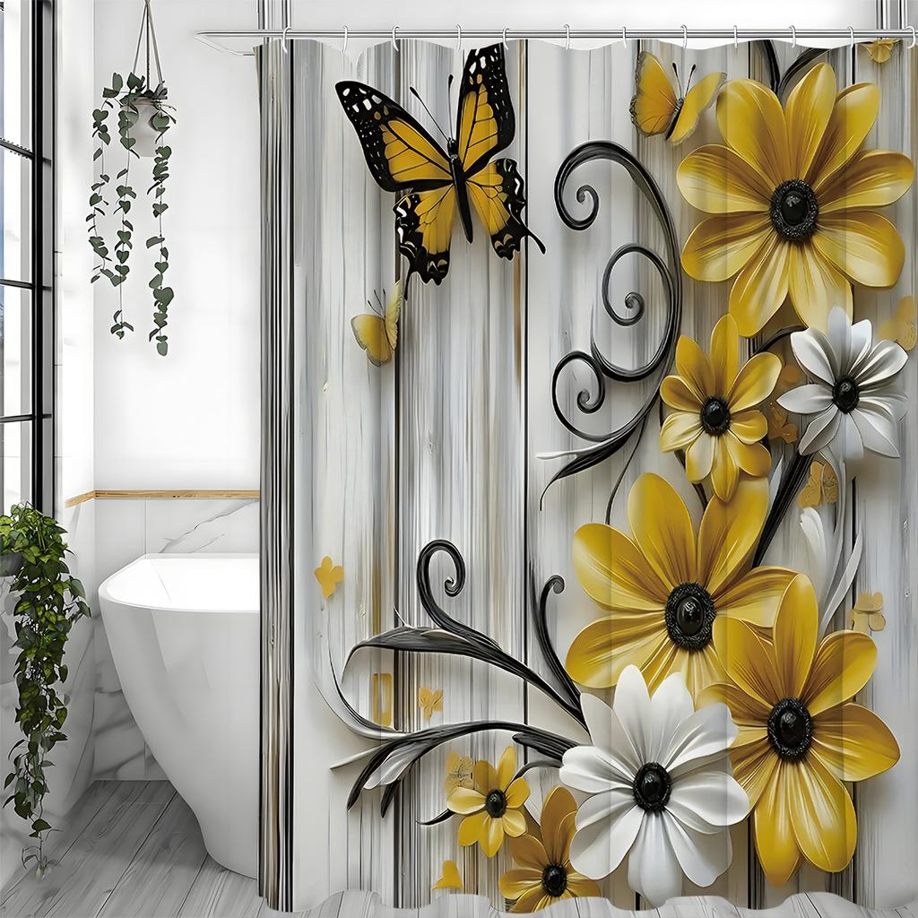 Yellow and White Flower Butterfly Wooden Panel Shower Curtain, Bathroom Decorative Shower Curtain, Waterproof Shower Curtain Wit