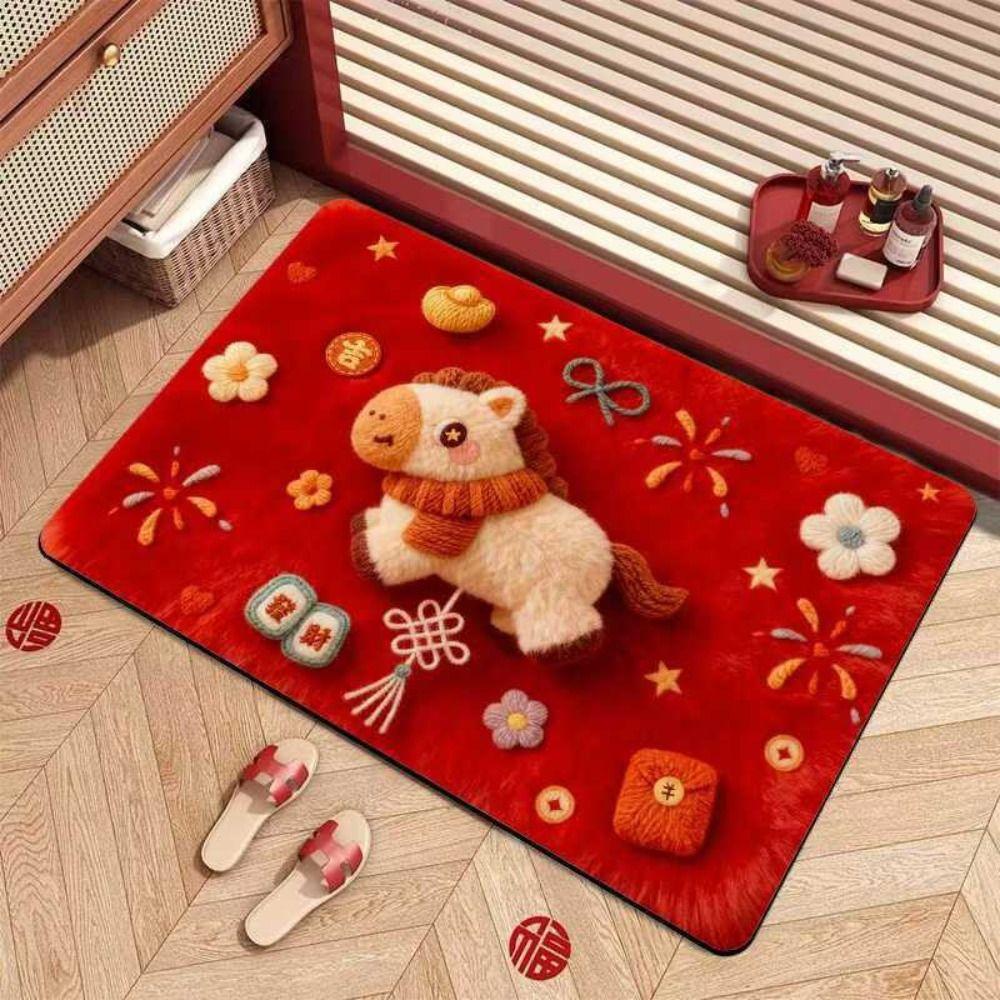 Cute Horse Pattern New Year Door Mat Red Bath Mat Soft Non-slip Door Carpet Home Decorations