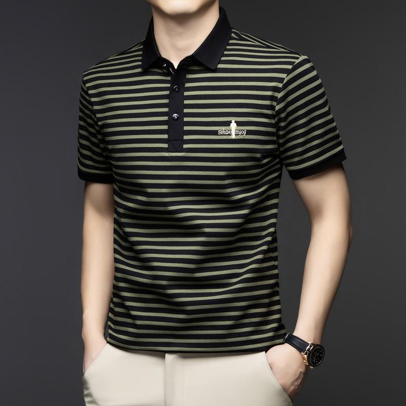 

Легкая повседневная мужская вышитая полосатая футболка-поло с коротким рукавом и лацканами, повседневная дышащая футболка L