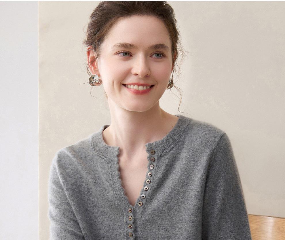 Women's 100% Pure Cashmere Knitwear: Autumn/Winter Half-Open Collar, Multi-Button Base Layer Top