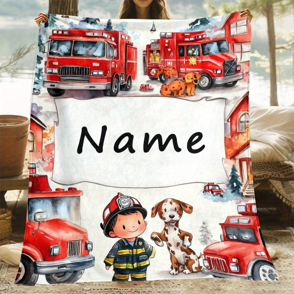 Customize Custom Fire Truck Throw Blanket - Cozy Flannel, Name, Bright Cartoon Style Featuring Firefighters And Dog
