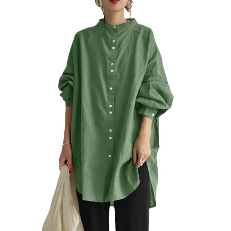 Women's Stand Collar Long Sleeve Shirt Oversize Button Front Tunic Blouse with Side Slit