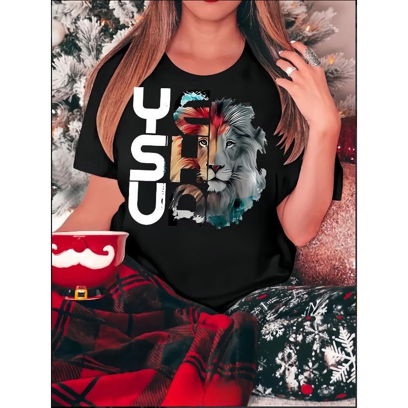 

European Size Women s Casual Graphic T-Shirt, Vibrant Lion & Floral Print with YSU Letters, Soft Stretch Crew Neck Short Sleeve Top, Summer 4XL