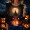 Women’s Casual Halloween Print Crew Neck Three Quarter Sleeve Tee Shirt Top with and Pumpkin Design for Autumn