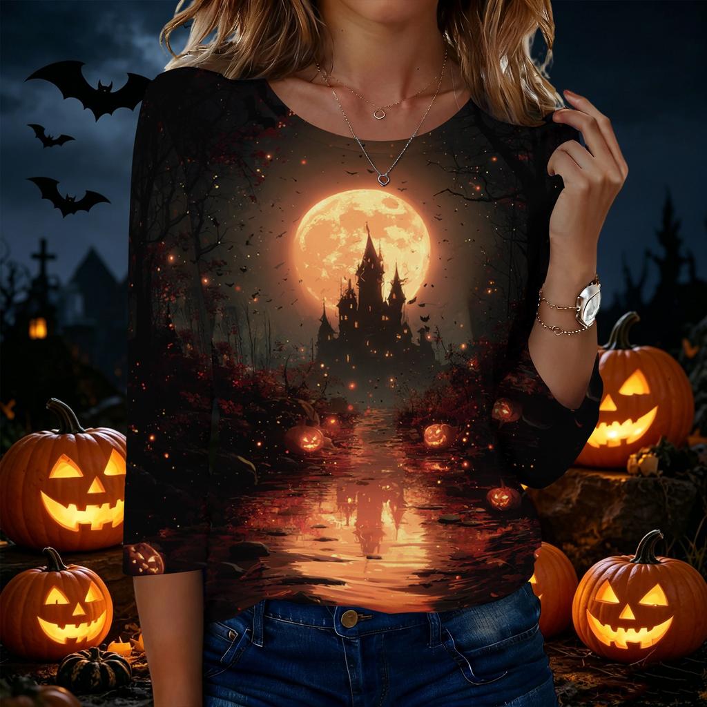 Women’s Casual Halloween Print Crew Neck Three Quarter Sleeve Tee Shirt Top with and Pumpkin Design for Autumn