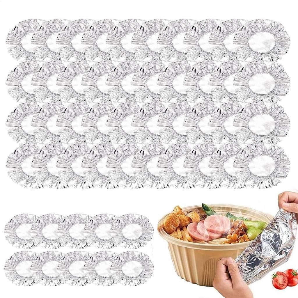 50pcs Reusable Aluminum Foil Film Insulation Cover Pop-up Tin Foil Food Insulation Cover Elastic Band Cling Film Fresh Keeping