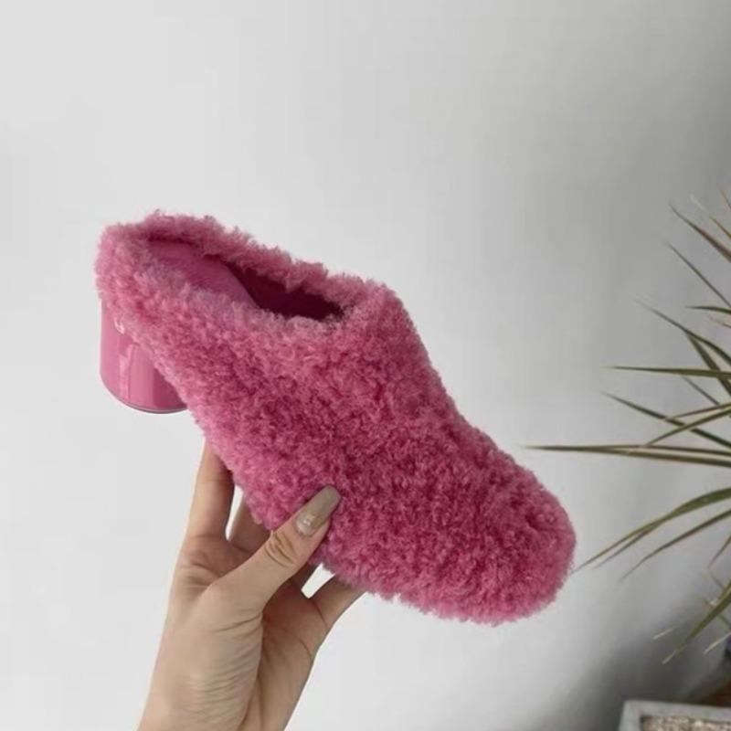 Winter Baotou Semi-drag Fashion Round Deep Mouth Plush Warm Non-slip Wear-resistant High-heeled Slippers