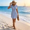 2026 Women's Blue Striped Short-Sleeve Mid-Length Shirt Dress
