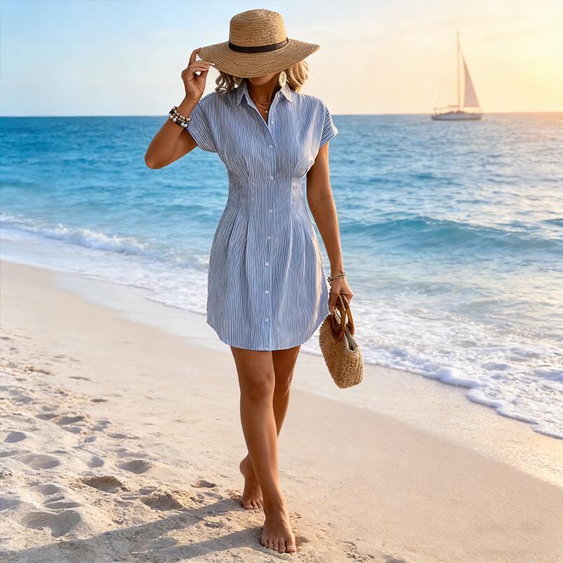 2026 Women's Blue Striped Short-Sleeve Mid-Length Shirt Dress