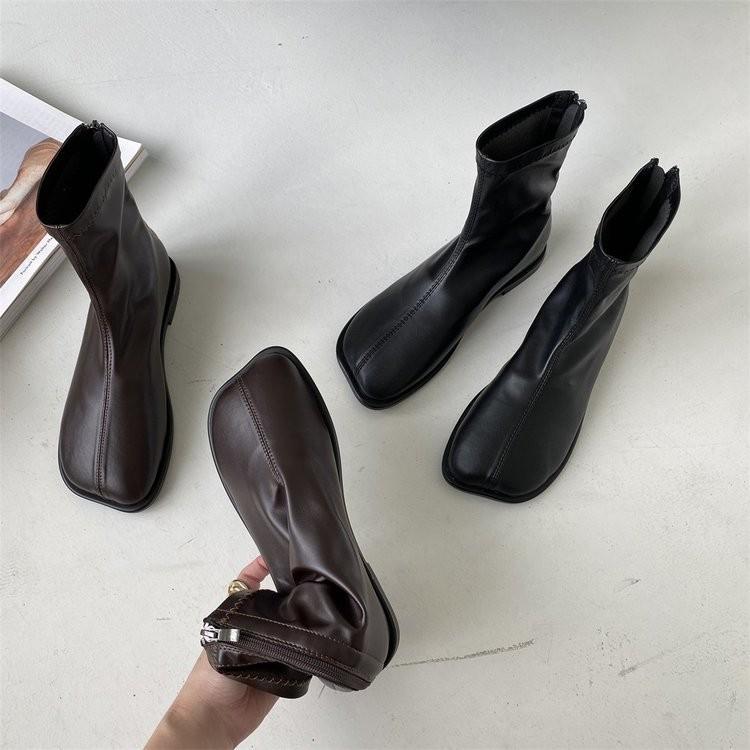 Mango Head Short Boots Women's Spring and Autumn Single Boots 2025 New Square Head Soft Leather Elastic Skinny Chelsea Martin Boots