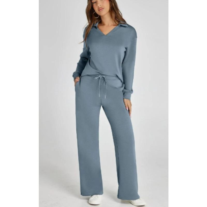 VEZFAA Damesmode Casual Lente Herfst Effen Kleur Print Lange Mouw POLO Hals Broek Pakken
