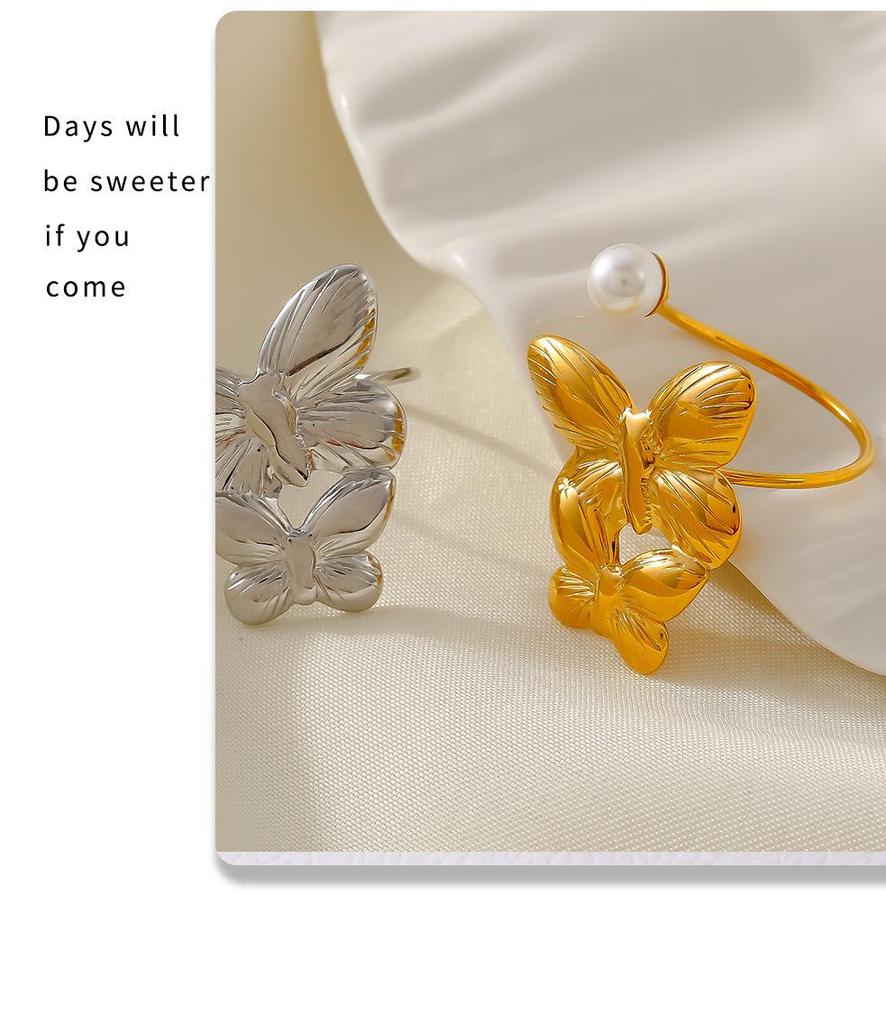 European & American Luxurious Titanium Steel Imitation Pearl Flower Ring – 18K Gold, Colorfast, Open & Adjustable – Fashionable Earrings Included