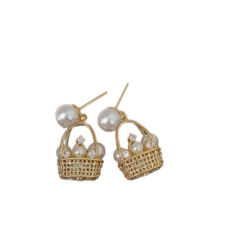 Pearl Zircon 3D Flower Basket Stud Earrings – Luxurious, Unique, Exquisite Fashion for Women