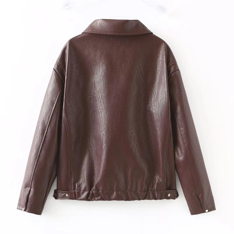 Vintage Solid Color Lapel Zipper Leather Outwear Casual Long Sleeved Elastic Short Women Coat Fall Commuting Street Jacket