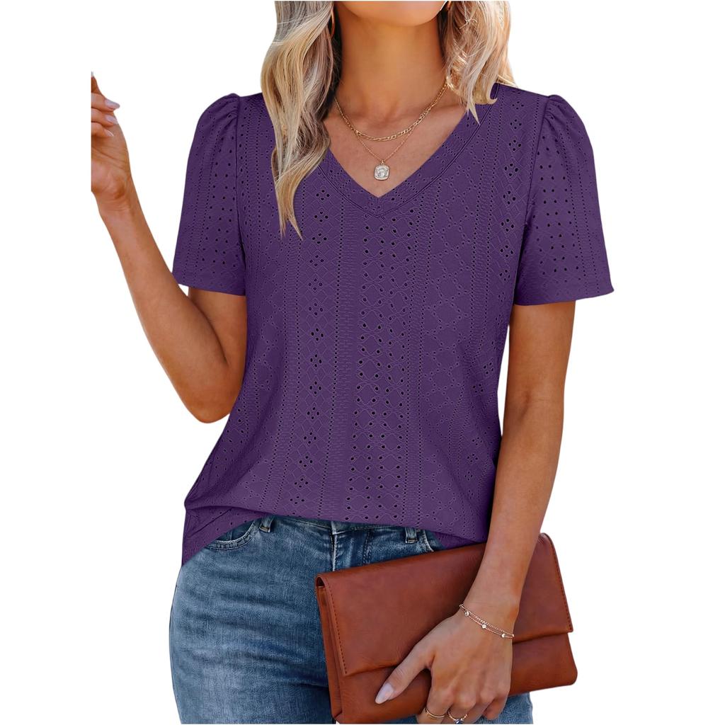 Women's Jacquarded V-neck Top T-shirt Short Sleeve Versatile Hollow Top