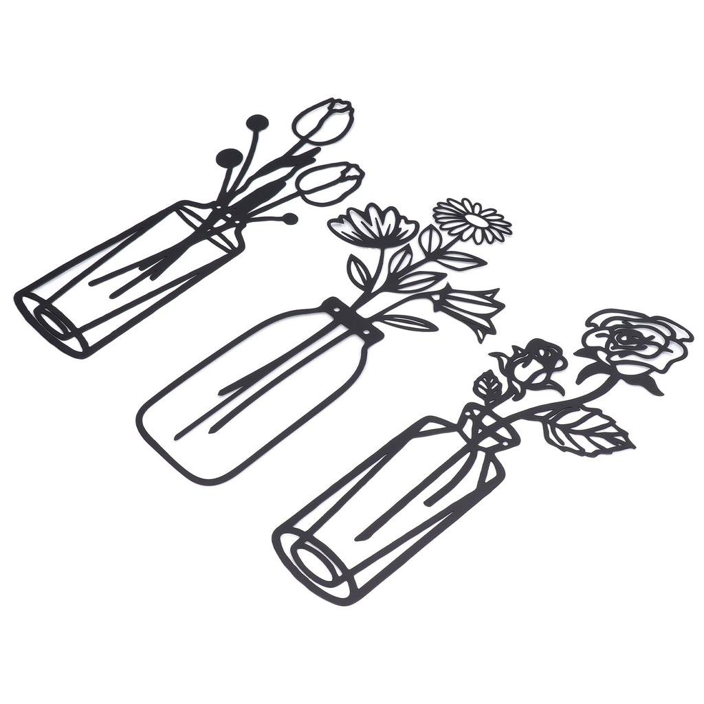 3Pcs Metal Vase Flowers Wall Art Elegant Prevent Rust Easy To Install Iron Flower Wall Art for