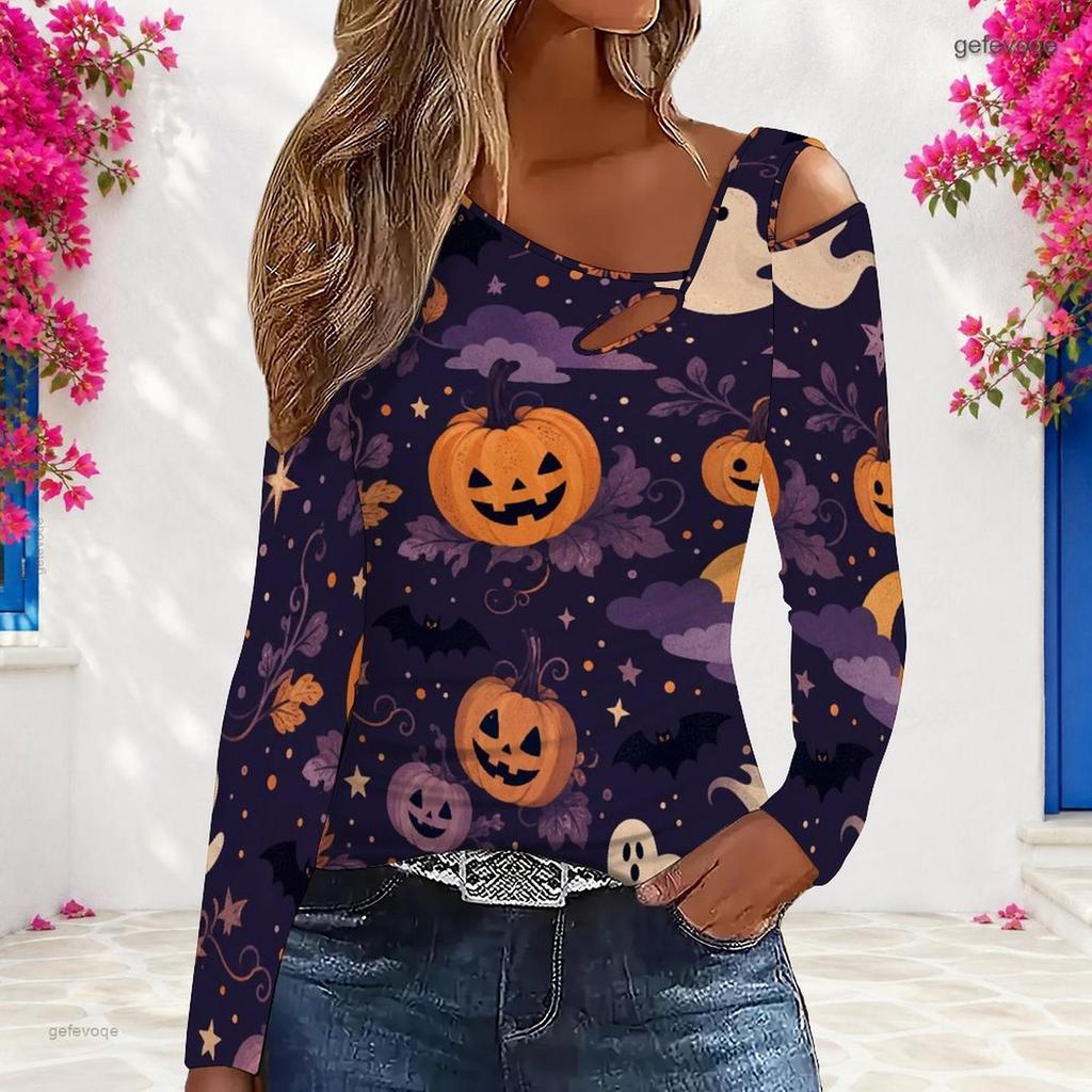Women Plus Size Dark Purple Halloween Printed Asymmetric Cutout Neck Cold Shoulder Long Sleeve Fitted Top