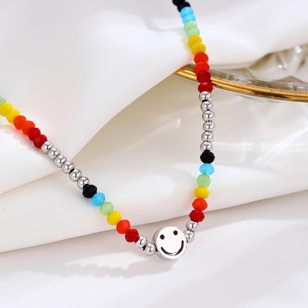 Korean Style S925 Sterling Silver Smiley Face Rainbow Necklace - Niche Beaded Clavicle Chain for Women