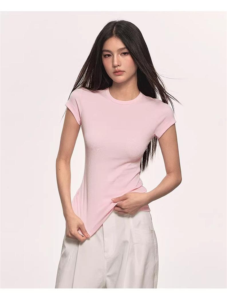 White shoulder short sleeved T-shirt for women, Lyocell summer solid color base, versatile round neck slim basic T-shirt top for women
