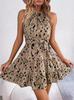 2025 New European & American Leopard Print Halter Neck Slim Fit Lace-up Short Dress