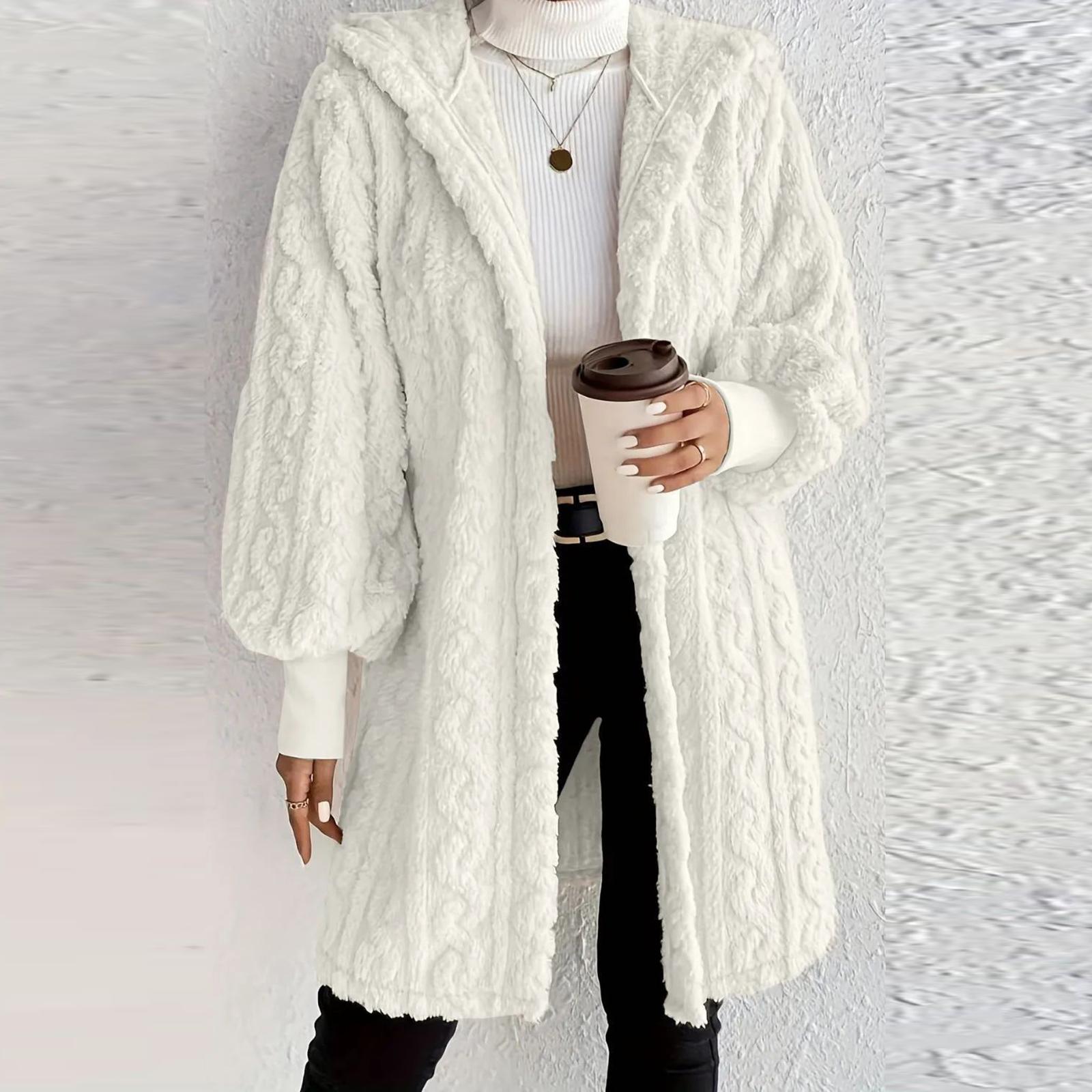 

Женская модная однотонная флисовая куртка с капюшоном и длинными рукавами свободного кроя XL белый