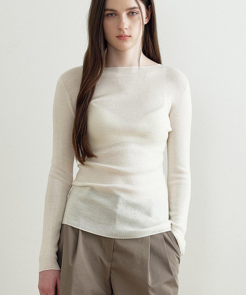 MAKE A TOAST Thin Boat Neck Wool Knit Top (Ivory) Mbfsnt003Iv