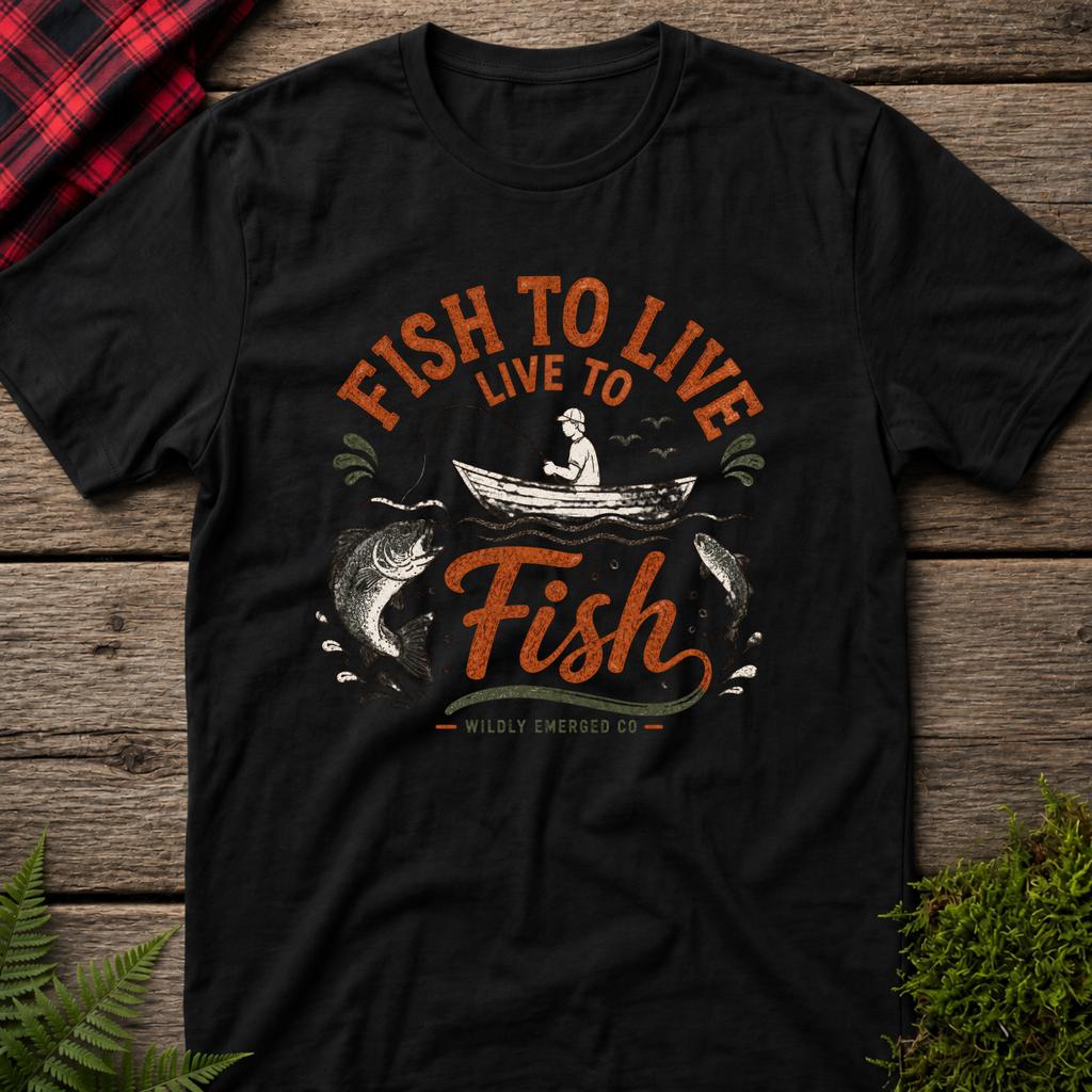 Fishing T-Shirt — "Fish to Live, Live to Fish" Vintage Angler Tee